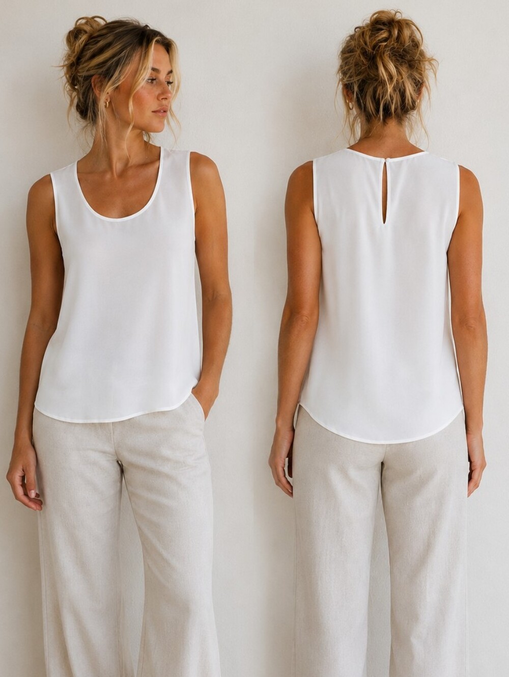 PLEIONE Women's White Sleeveless Scoop Neck Blouse Top Size S Slightly Sheer